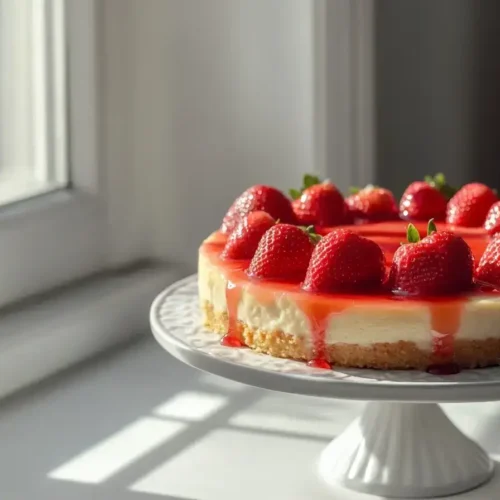 Finished strawberry cheesecake recipe with fresh topping on cake stand