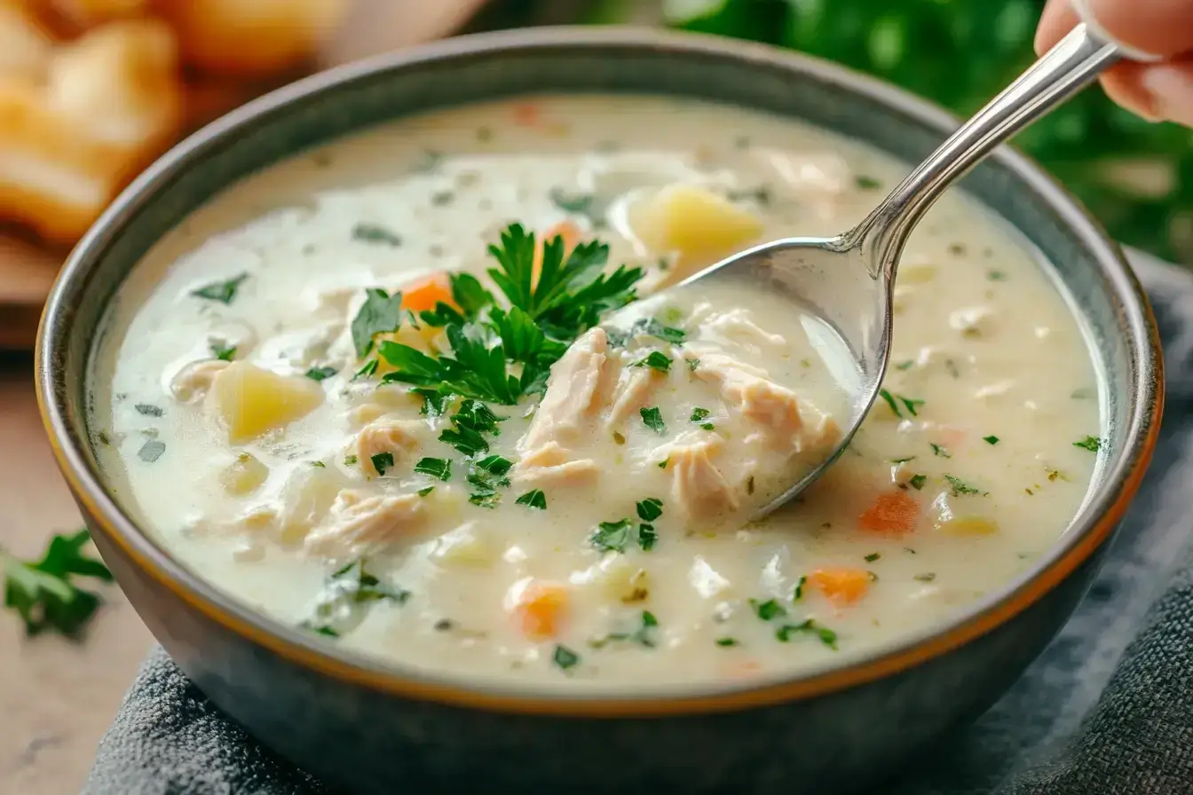 Creamy chicken and potato soup in a white bowl, garnished with fresh parsley.