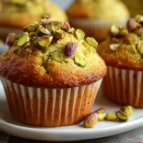 Freshly baked pistachio muffin recipe with crushed pistachios on top.