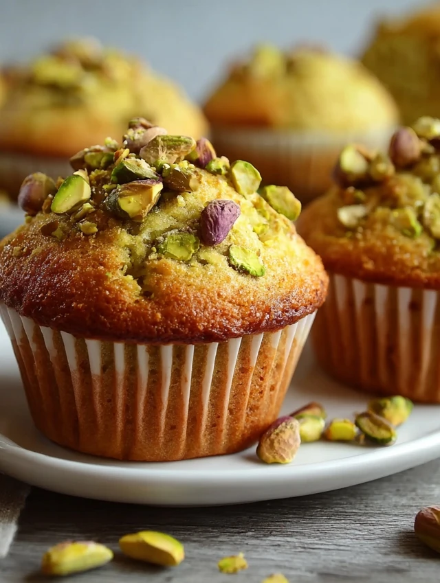 Freshly baked pistachio muffin recipe with crushed pistachios on top.