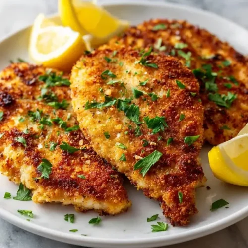 Turkey Cutlet recipes on a white plate with lemon and parsley