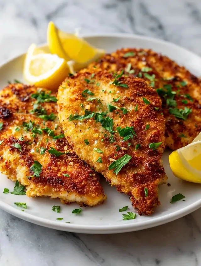 Turkey Cutlet recipes on a white plate with lemon and parsley