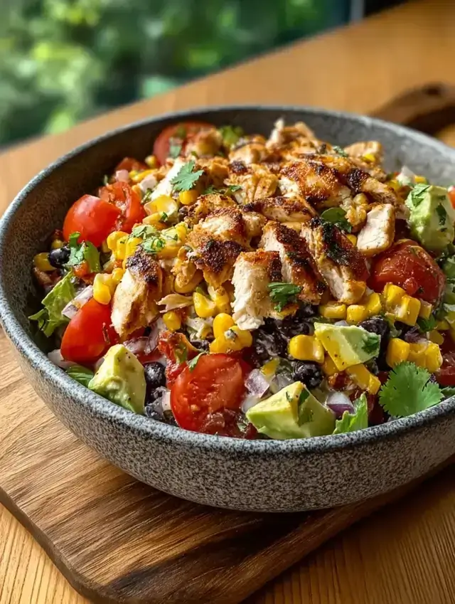 Mexican chicken salad in a rustic bowl with fresh toppings