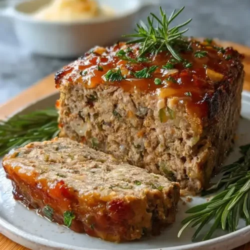 Juicy Stove Top Stuffing Meatloaf sliced on a cutting board.