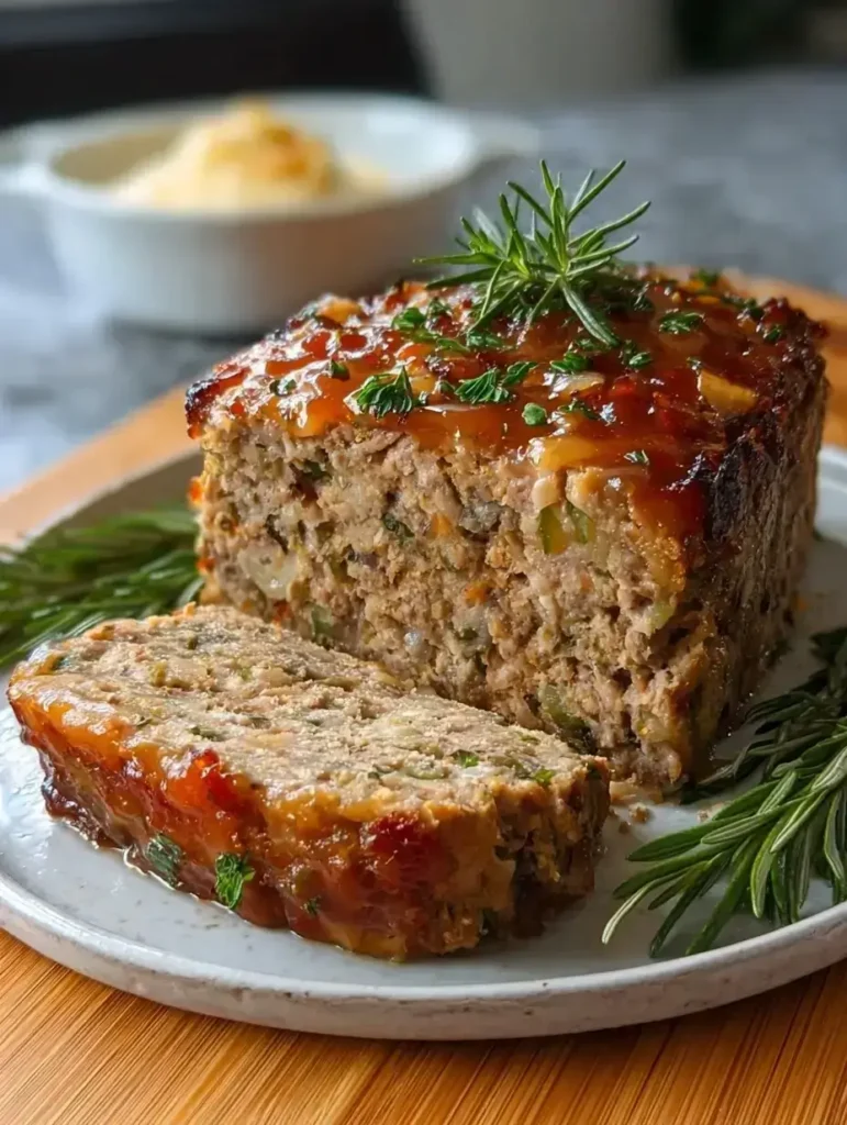 Juicy Stove Top Stuffing Meatloaf sliced on a cutting board.