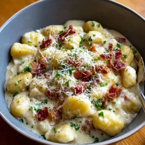 Creamy gnocchi carbonara served in a bowl