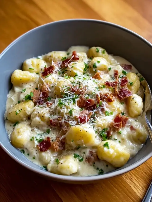 Creamy gnocchi carbonara served in a bowl