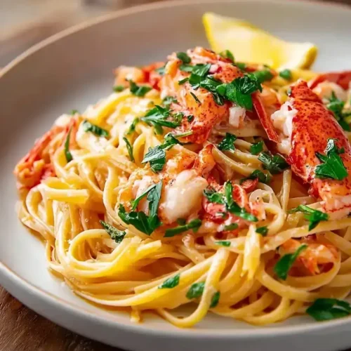 Creamy lobster linguine served in a white plate with herbs
