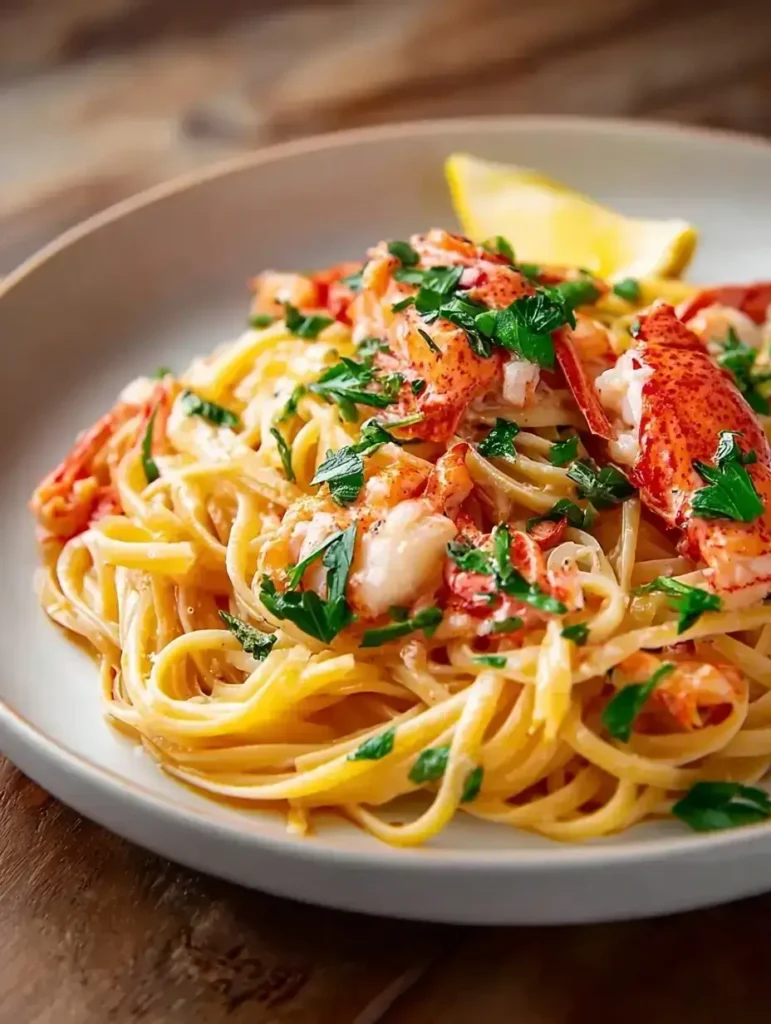 Creamy lobster linguine served in a white plate with herbs