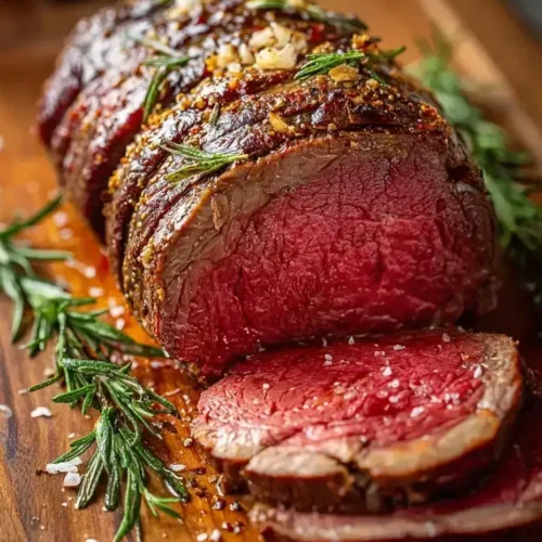 Beef chuck roll roast sliced with garlic and herbs