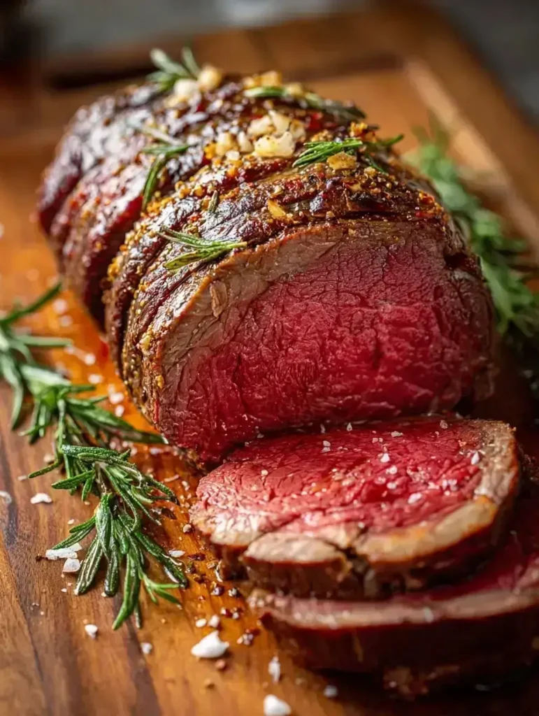 Beef chuck roll roast sliced with garlic and herbs