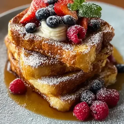 Sourdough French toast stack with berries and syrup