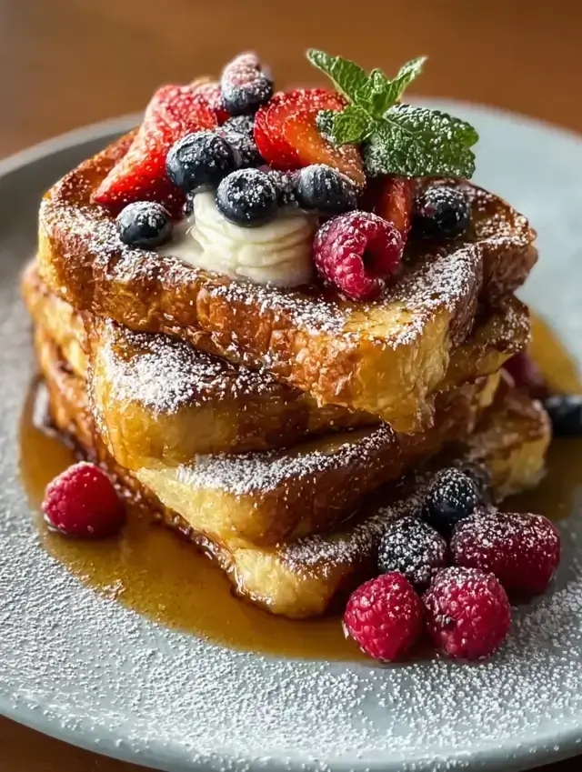 Sourdough French toast stack with berries and syrup
