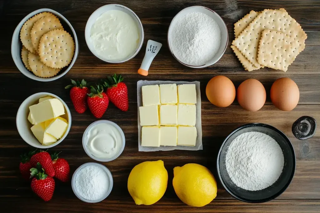 Ingredients for strawberry cheesecake recipe laid out on wood surface