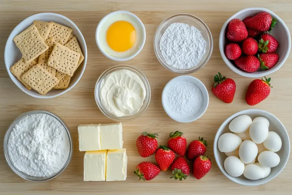 Strawberry cheesecake bar ingredients laid out on kitchen table