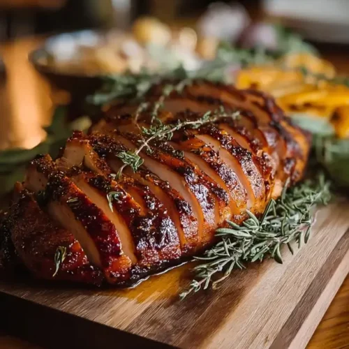Smoked turkey breast sliced on a plate with garnishes.