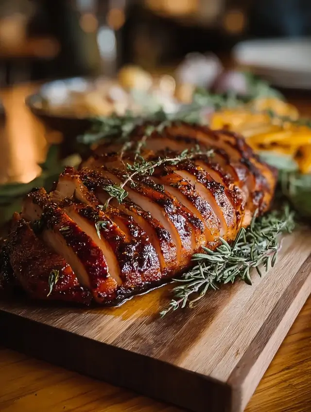 Smoked turkey breast sliced on a plate with garnishes.