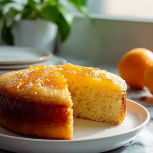 Freshly baked mandarin orange cake with glaze and citrus garnish.