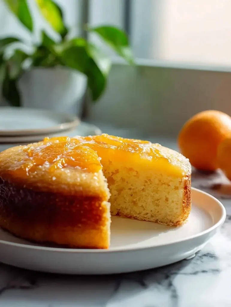 Freshly baked mandarin orange cake with glaze and citrus garnish.