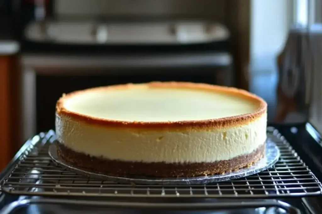 Cooling baked strawberry cheesecake in springform pan