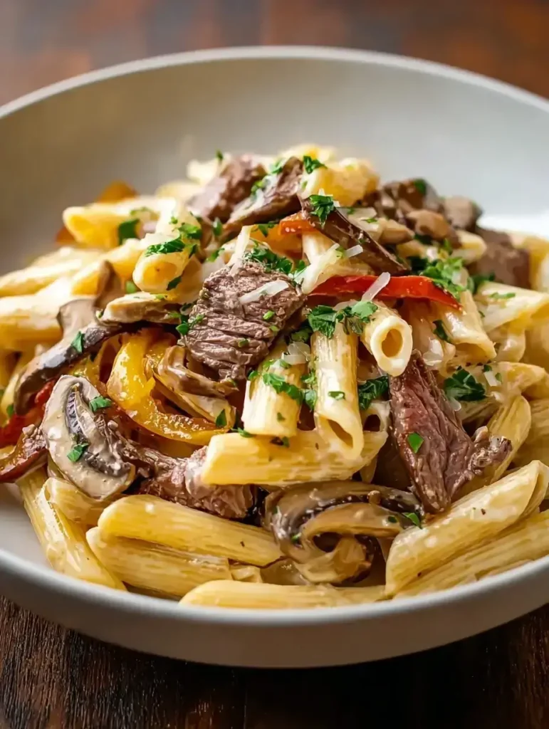 Philly Cheesesteak Pasta in a white bowl with melted cheese and peppers.