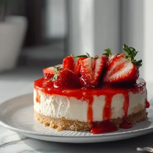 Finished strawberry cheesecake recipe with fresh topping on cake stand