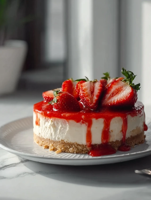 Finished strawberry cheesecake recipe with fresh topping on cake stand