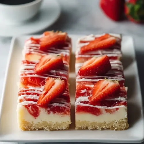 Strawberry cheesecake bar with compote and white chocolate drizzle