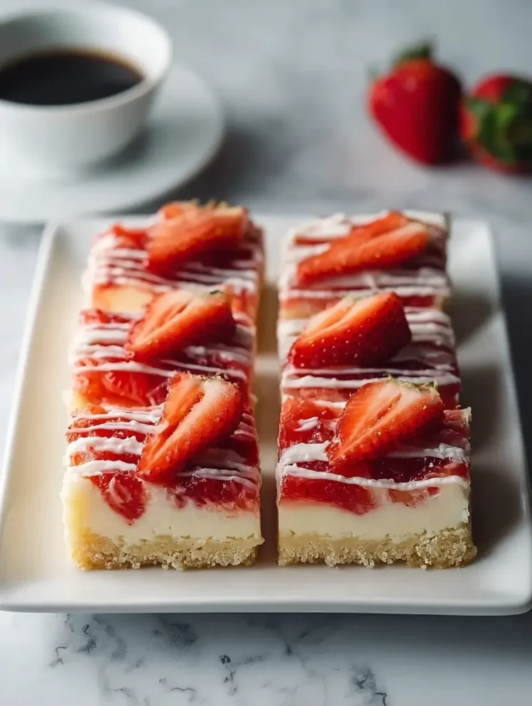 Strawberry cheesecake bar with compote and white chocolate drizzle