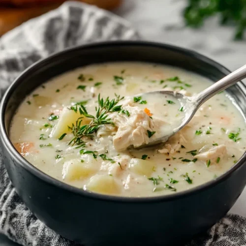 Creamy chicken and potato soup in a white bowl, garnished with fresh parsley.