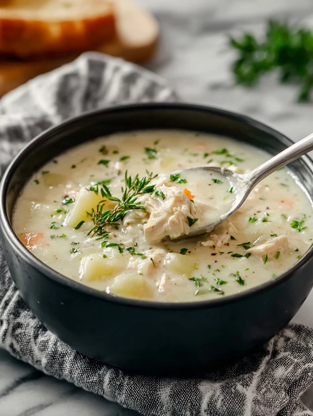 Creamy chicken and potato soup in a white bowl, garnished with fresh parsley.