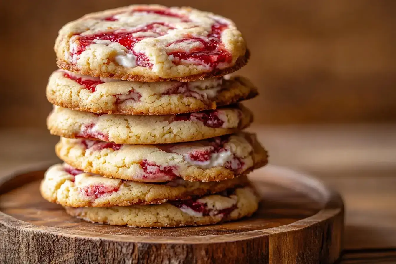 Stack of strawberry cheesecake cookies with jam and cream filling