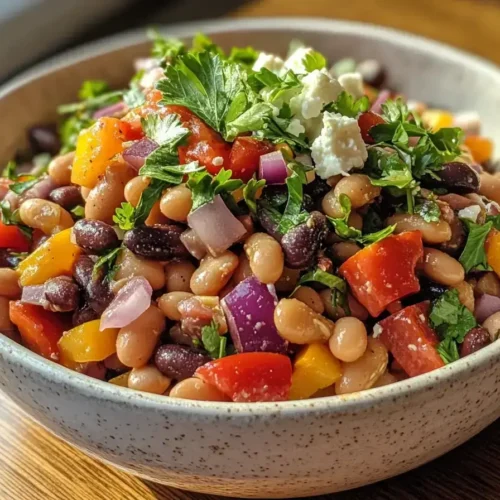 Dense bean salad recipe in a rustic bowl with colorful veggies and vegan feta.