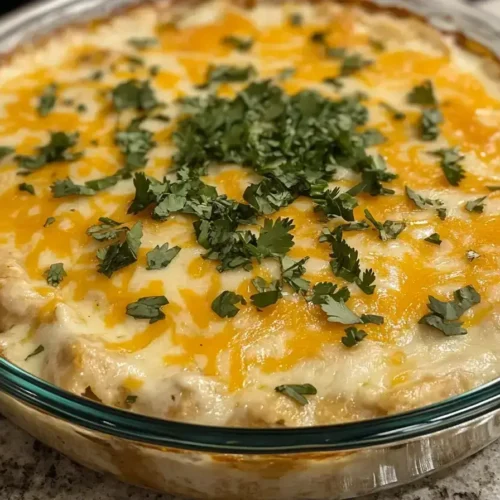 Baked white chicken enchiladas in a glass dish