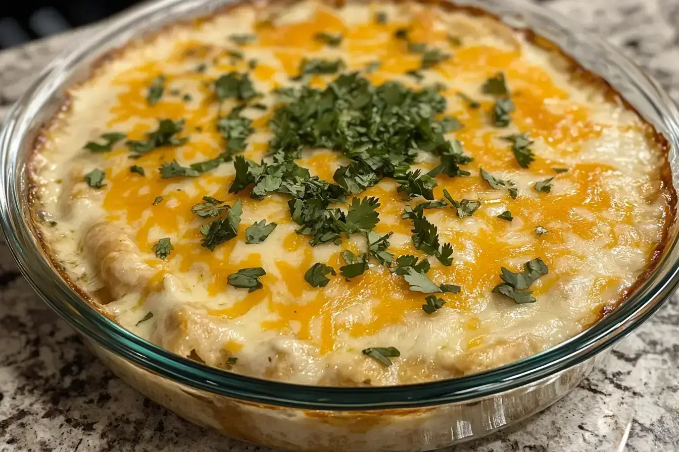 Baked white chicken enchiladas in a glass dish