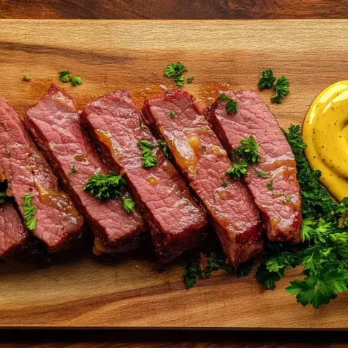 Instant Pot corned beef sliced on cutting board