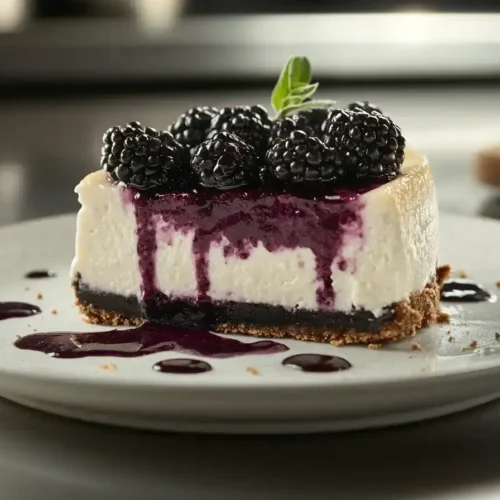 No bake blackberry cheesecake topped with fresh berries