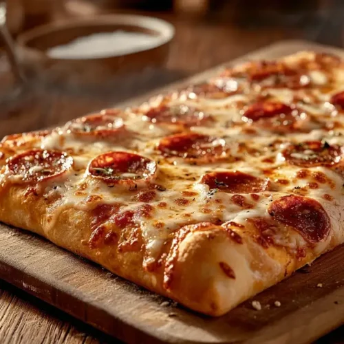 Focaccia pizza recipe with pepperoni and cheese on a wooden board