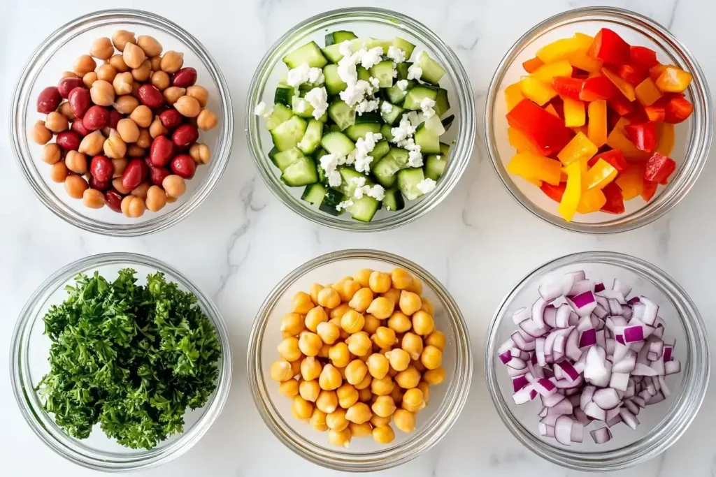 Ingredients for making a dense bean salad neatly displayed.
