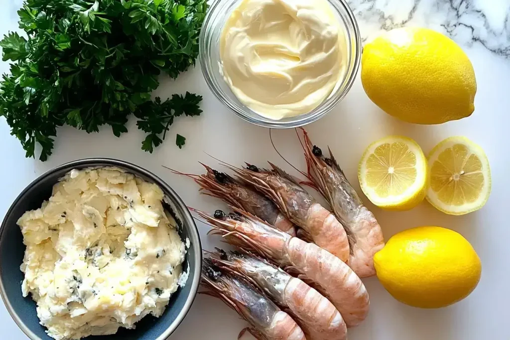 Ingredients for crab stuffed shrimp on a kitchen counter