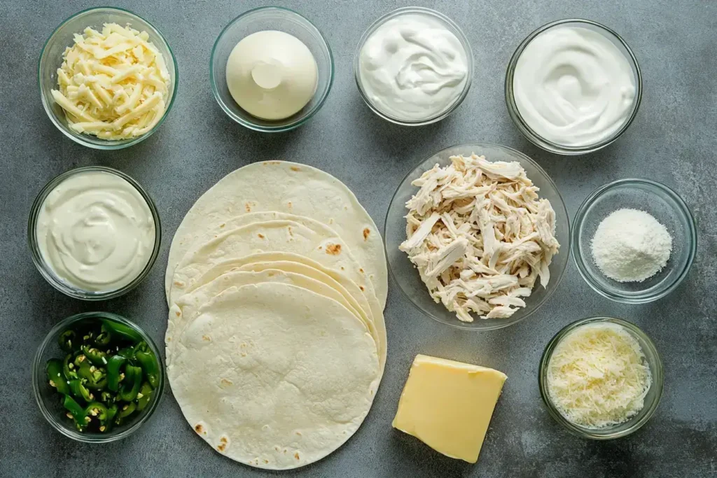 Ingredients for white chicken enchilada recipe on a counter