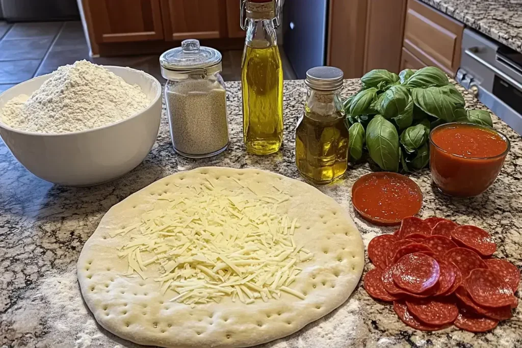 Ingredients for focaccia pizza laid out on a kitchen counter