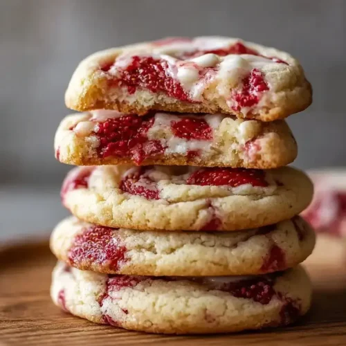 Stack of strawberry cheesecake cookies with jam and cream filling