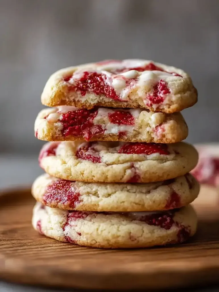 Stack of strawberry cheesecake cookies with jam and cream filling