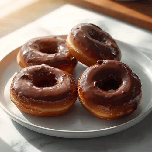 Freshly made chocolate glazed donuts on a wooden table