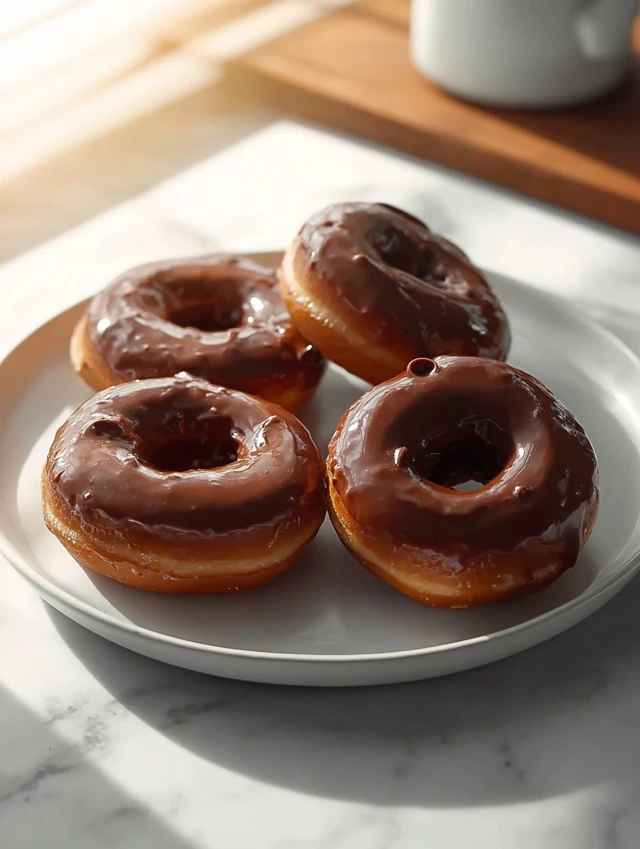 Freshly made chocolate glazed donuts on a wooden table