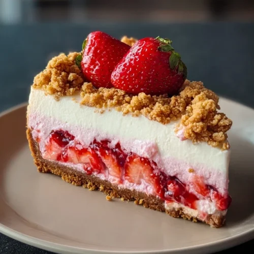 A beautiful slice of strawberry crunch cheesecake on a plate