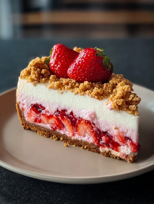 A beautiful slice of strawberry crunch cheesecake on a plate