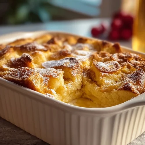 Freshly baked brioche french toast casserole in a white dish