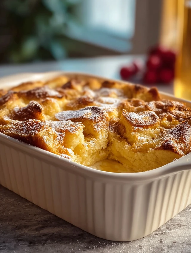 Freshly baked brioche french toast casserole in a white dish
